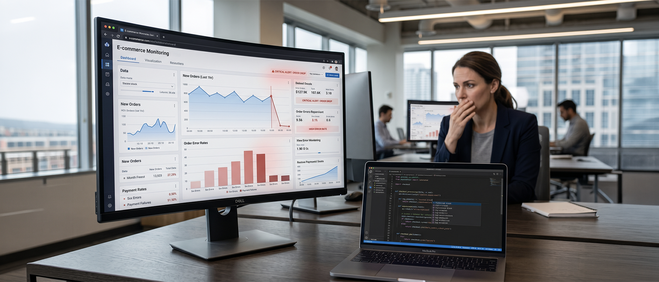 System monitoring dashboard displaying multiple critical warnings, error logs, and failed transaction indicators in real time.